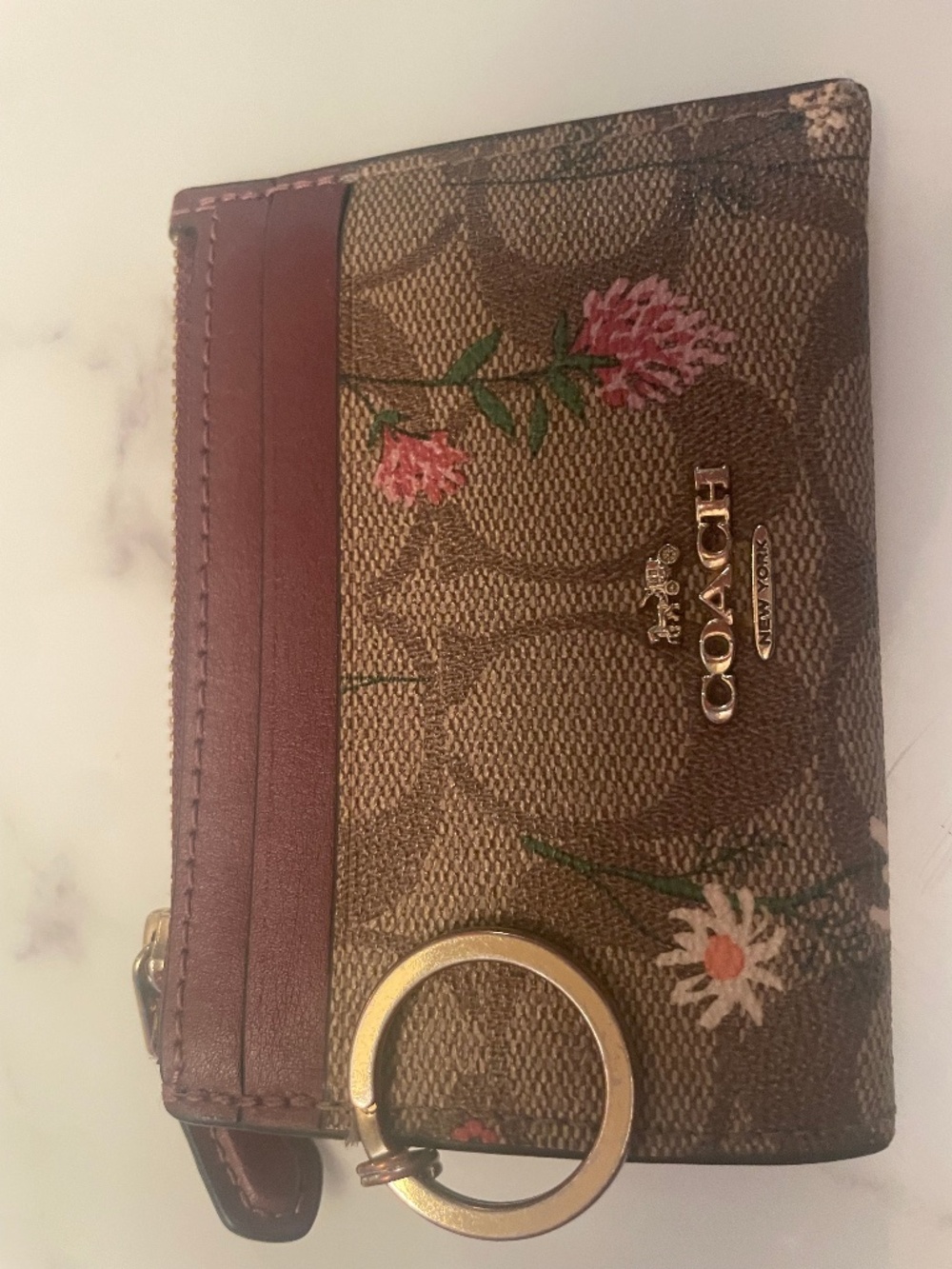 Coach Floral Signature Canvas Zip Card Case/ID Holder with Key Ring
